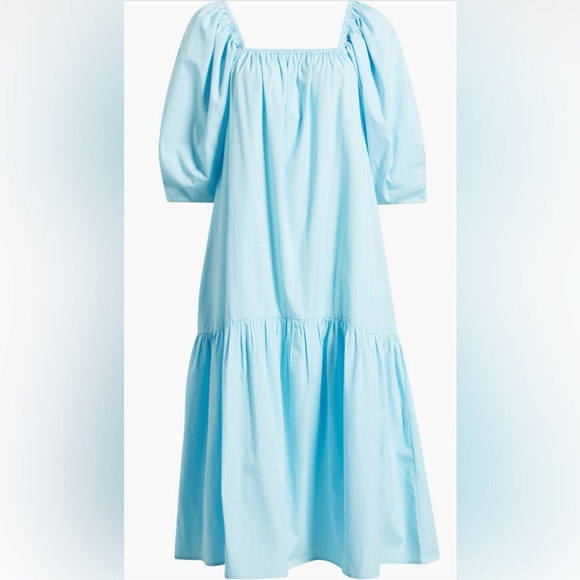 NORDSTROM SQUARE NECK PUFF SLEEVE COTTON MIDI DRESS WOMENS BLUE COLOR SIZE S/M - Picture 4 of 10